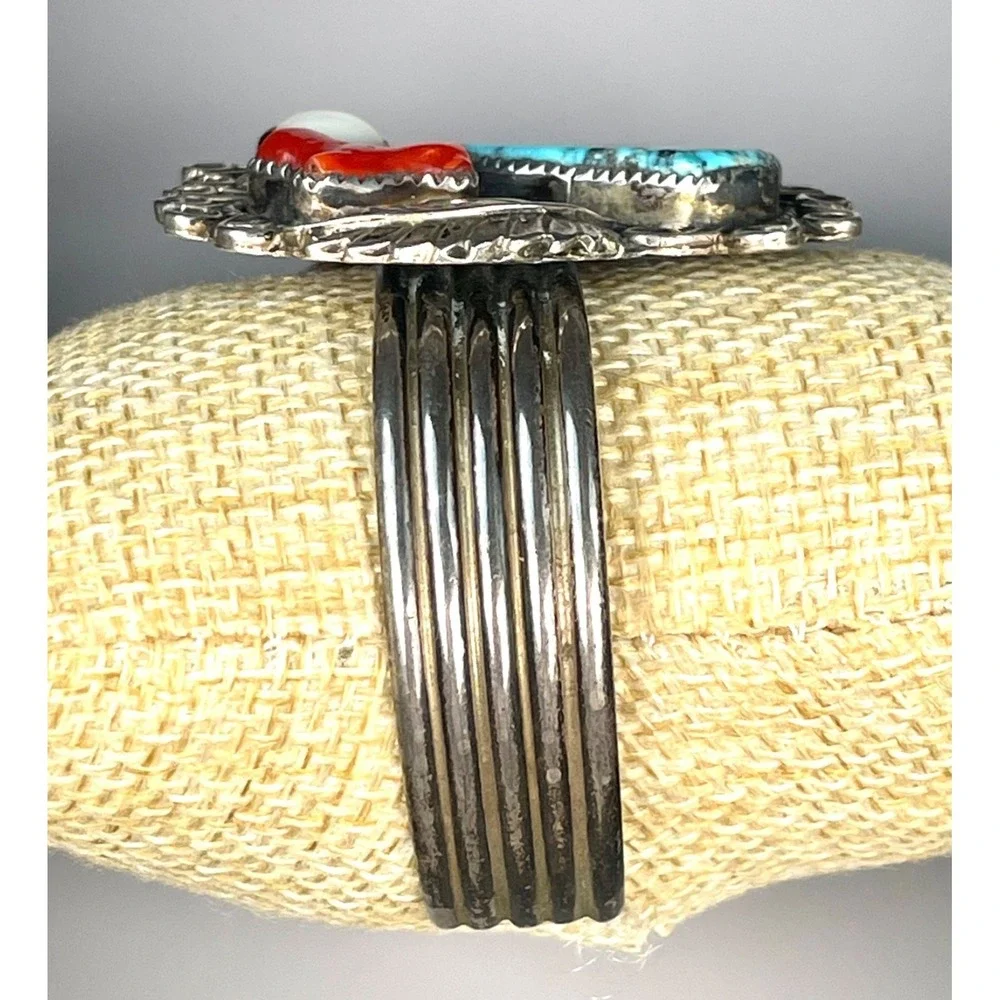 Navajo Sterling Silver Turquoise Coral Shell Cuff Bracelet Handmade 37.35g